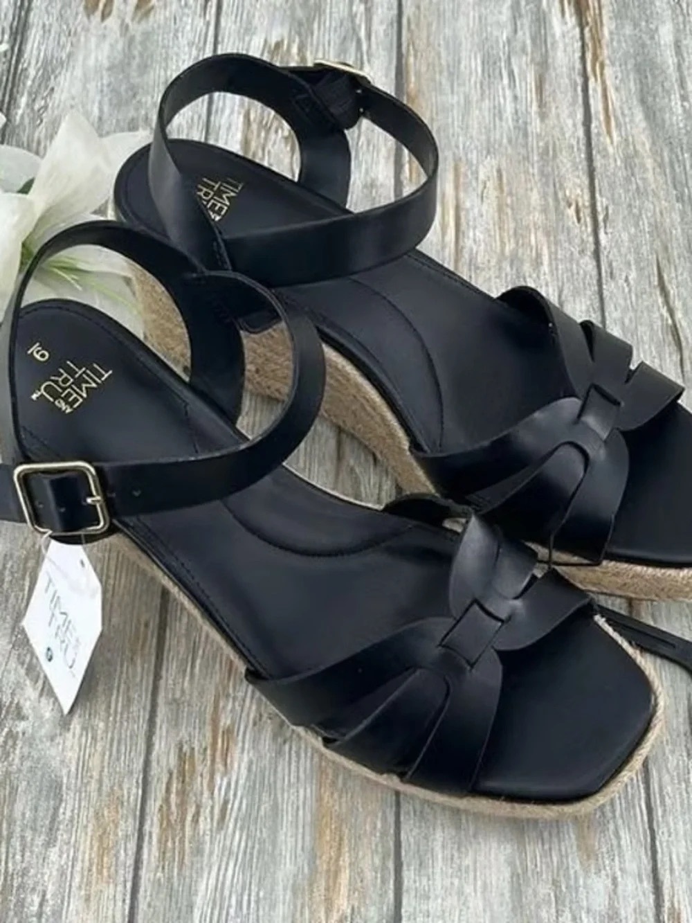 Time and Tru Black Knotted Ankle-Strap Wedge Sandals
